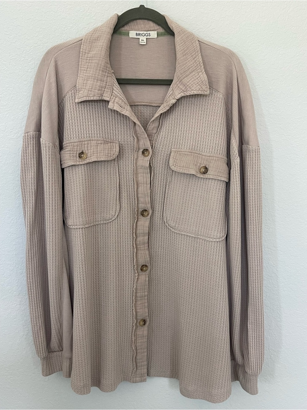 Briggs XXL Taupe Waffle Knit Oversized Button Front Shacket Shirt